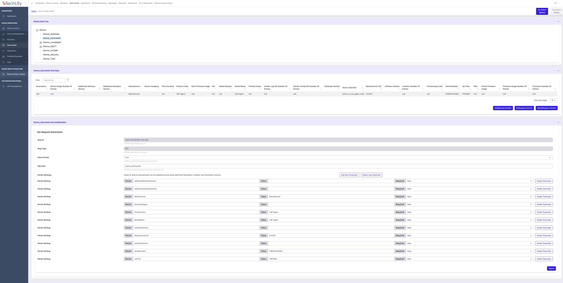 Setting data model parameters in the Techufy USP Solution